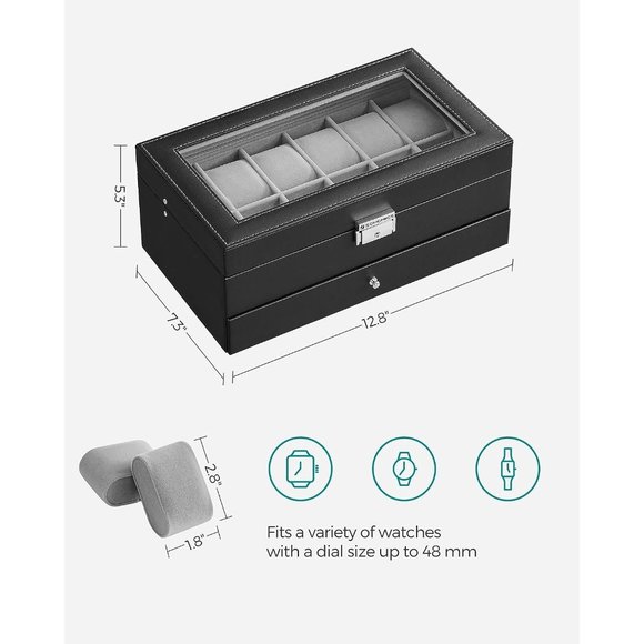 Men Women Black Gray 12 Slot 2 Layers with 1 Drawer for Rings Lockable Watch Box